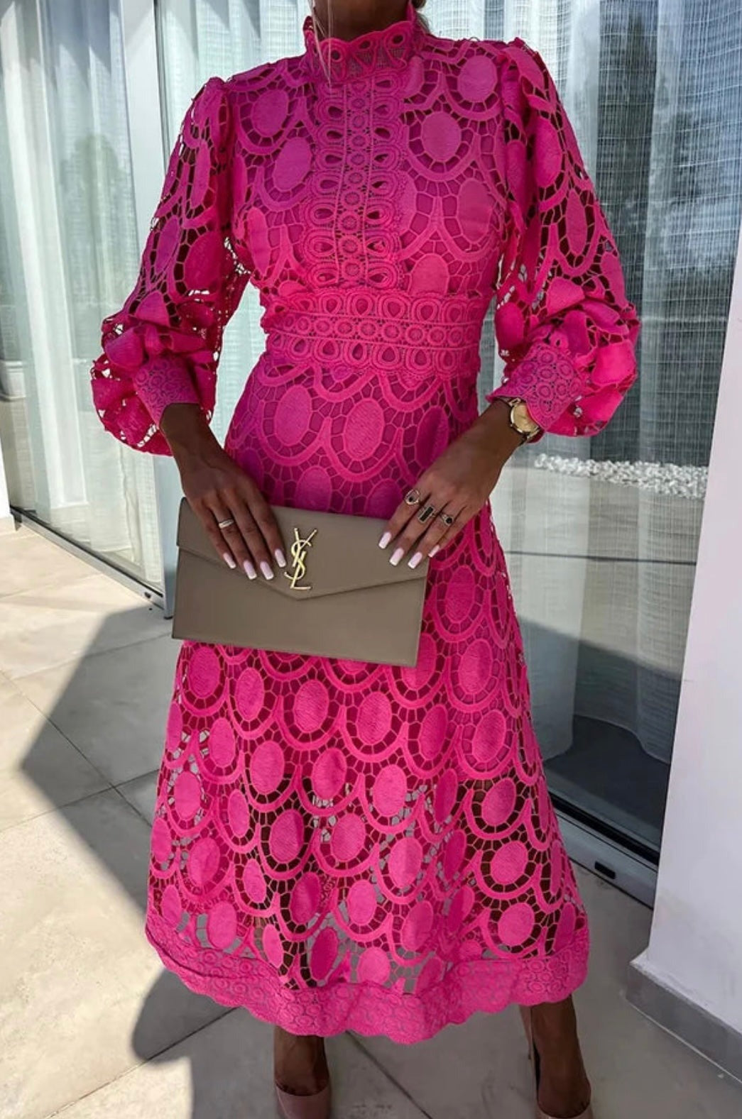 Beatrix women's cocktail lace midi dress in rose, front view with clutch bag