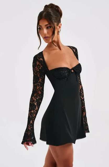 Black Cordelia cocktail lace mini dress front view with flared lace sleeves