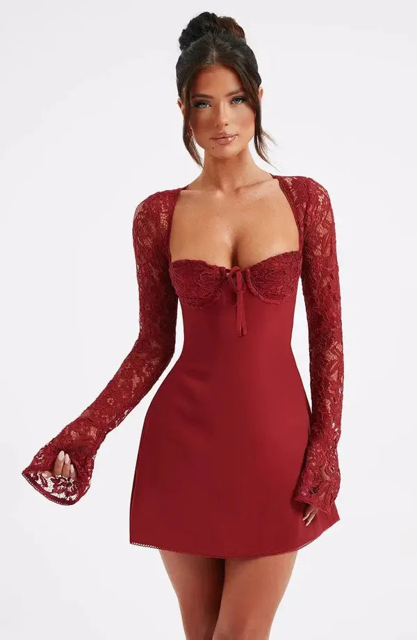 Cordelia women's cocktail lace mini dress in red, studio front view on model