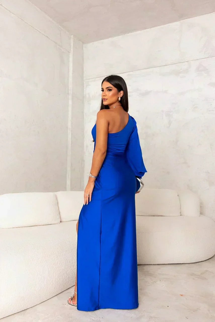 Women's Cocktail Maxi Dress in royal Blue, back view on model - Genevieve