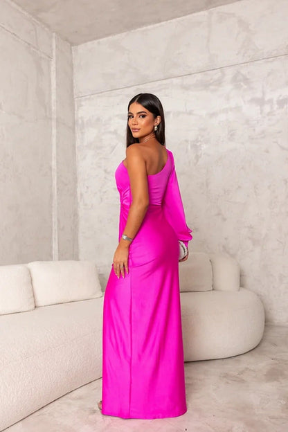 Women's Cocktail Maxi Dress in Magenta, back view of the long gown - Genevieve