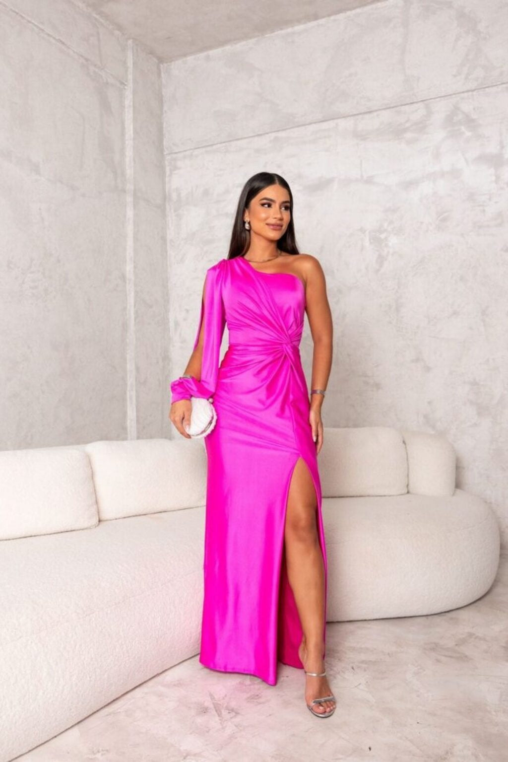 Women's Cocktail Maxi Dress in Magenta, one-shoulder front view - Genevieve