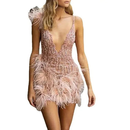 Pink Ottilie cocktail mesh sequin mini dress front view with deep V neckline