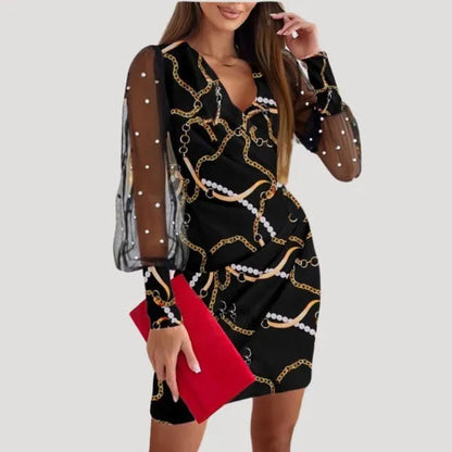 Marguerite mini bodycon dress in black B with gold chain print, front view