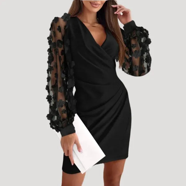 Marguerite mini bodycon dress in black C with 3D floral mesh sleeves, front view