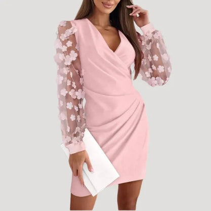 Marguerite cocktail mini bodycon dress in pink with 3D flower sleeves, front
