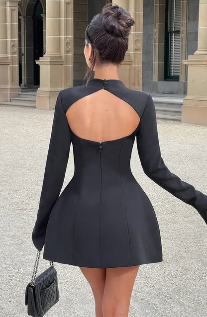 Back view of the black Seraphine cocktail mini dress with open keyhole back