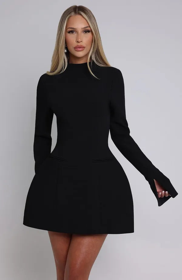 Studio front view of the black Seraphine high neck cocktail mini dress