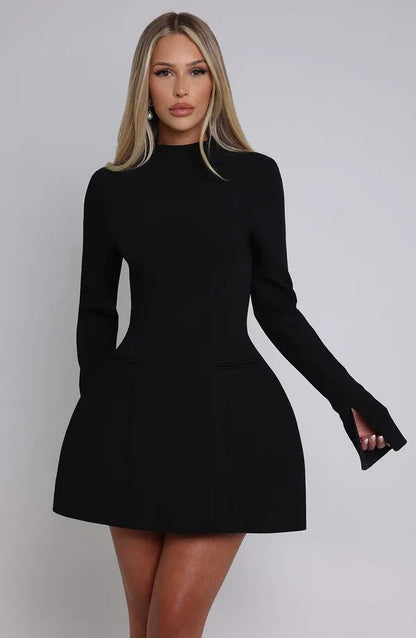 Studio front view of the black Seraphine high neck cocktail mini dress