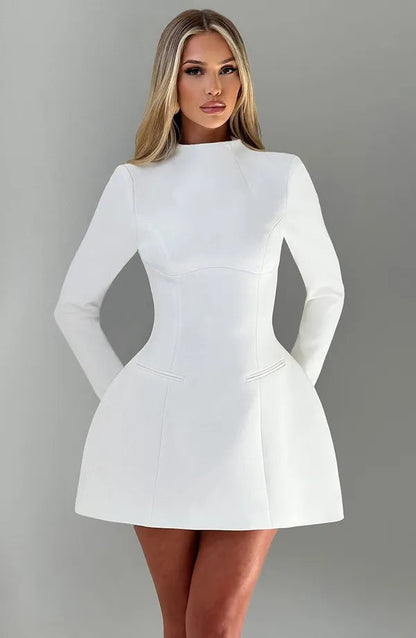 White Seraphine cocktail mini dress studio front view with fitted waist