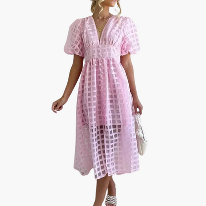 Baby pink Aurelie women's cocktail puff sleeves midi dress, front view on model