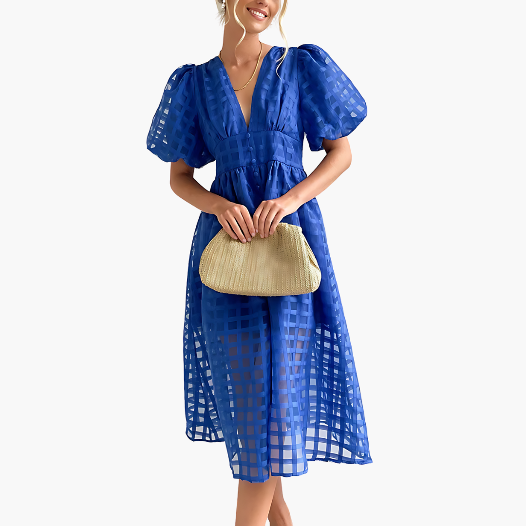Blue Aurelie women's puff sleeve cocktail midi dress, full-length front view