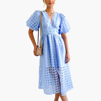 Light blue Aurelie women's cocktail puff sleeves midi dress, front view on model