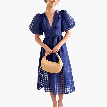 Aurelie women's cocktail puff sleeves midi dress in navy blue, front view