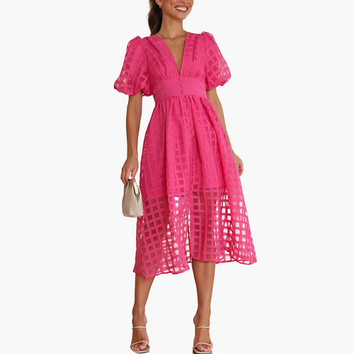 Aurelie women's cocktail puff sleeves midi dress in pink, front view on model
