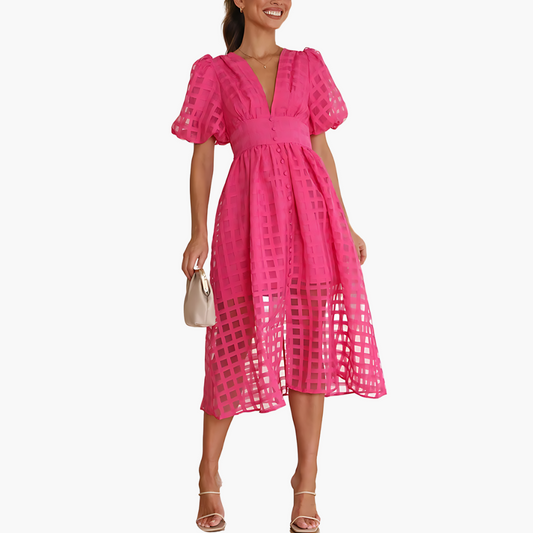 Aurelie women's cocktail puff sleeves midi dress in pink, front view on model