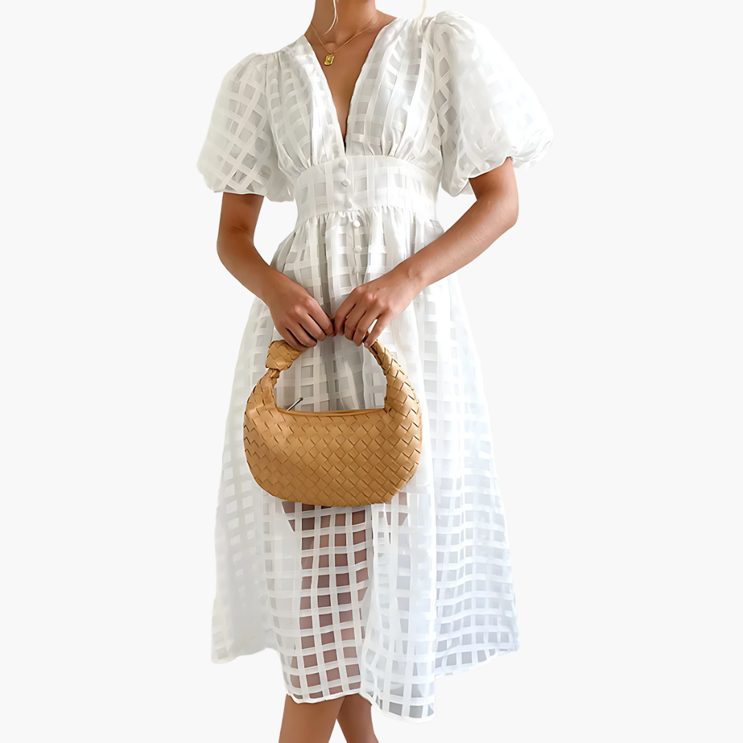 Aurelie women's cocktail puff sleeves midi dress in white, front view on model