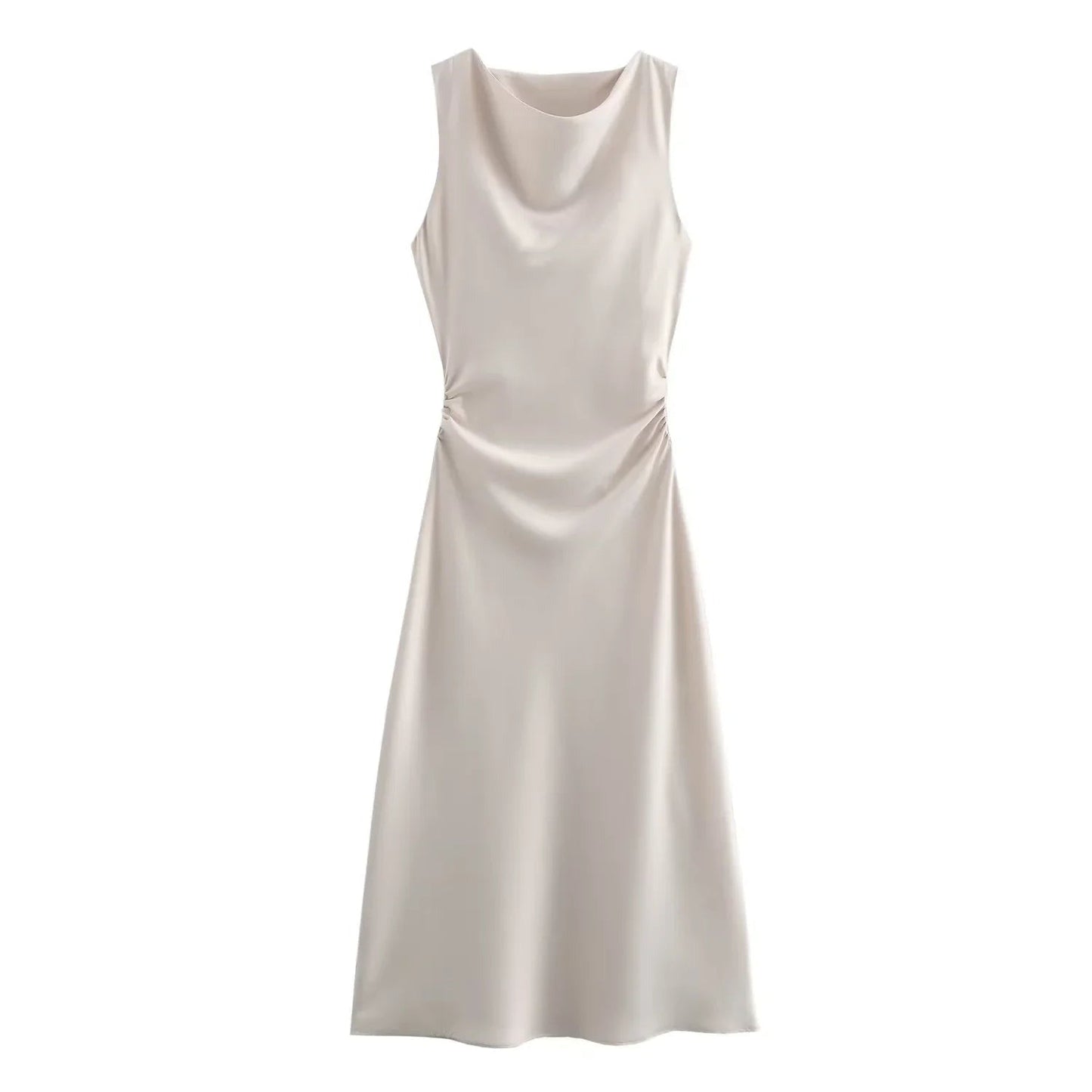Beige Emmeline women's cocktail satin midi dress, flat lay on a white background
