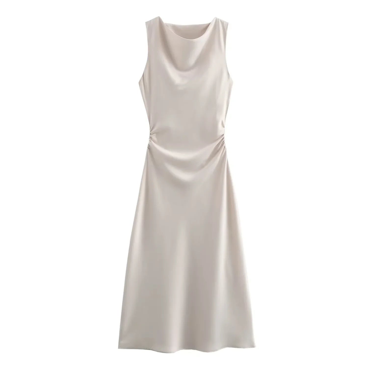 Beige Emmeline women's cocktail satin midi dress, flat lay on a white background