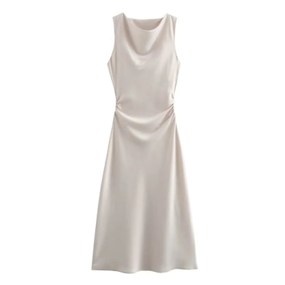 Beige Emmeline women's cocktail satin midi dress, flat lay on a white background