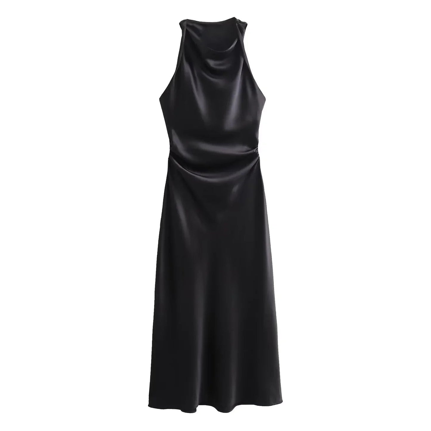 Black Emmeline women's cocktail satin midi dress shown flat with ruched waist