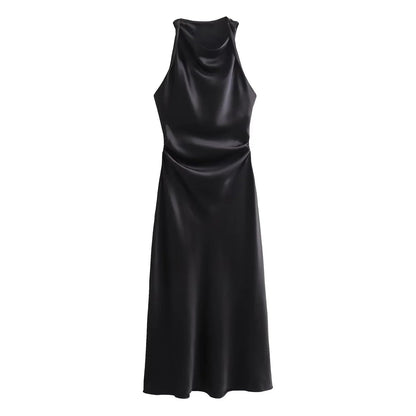 Black Emmeline women's cocktail satin midi dress shown flat with ruched waist