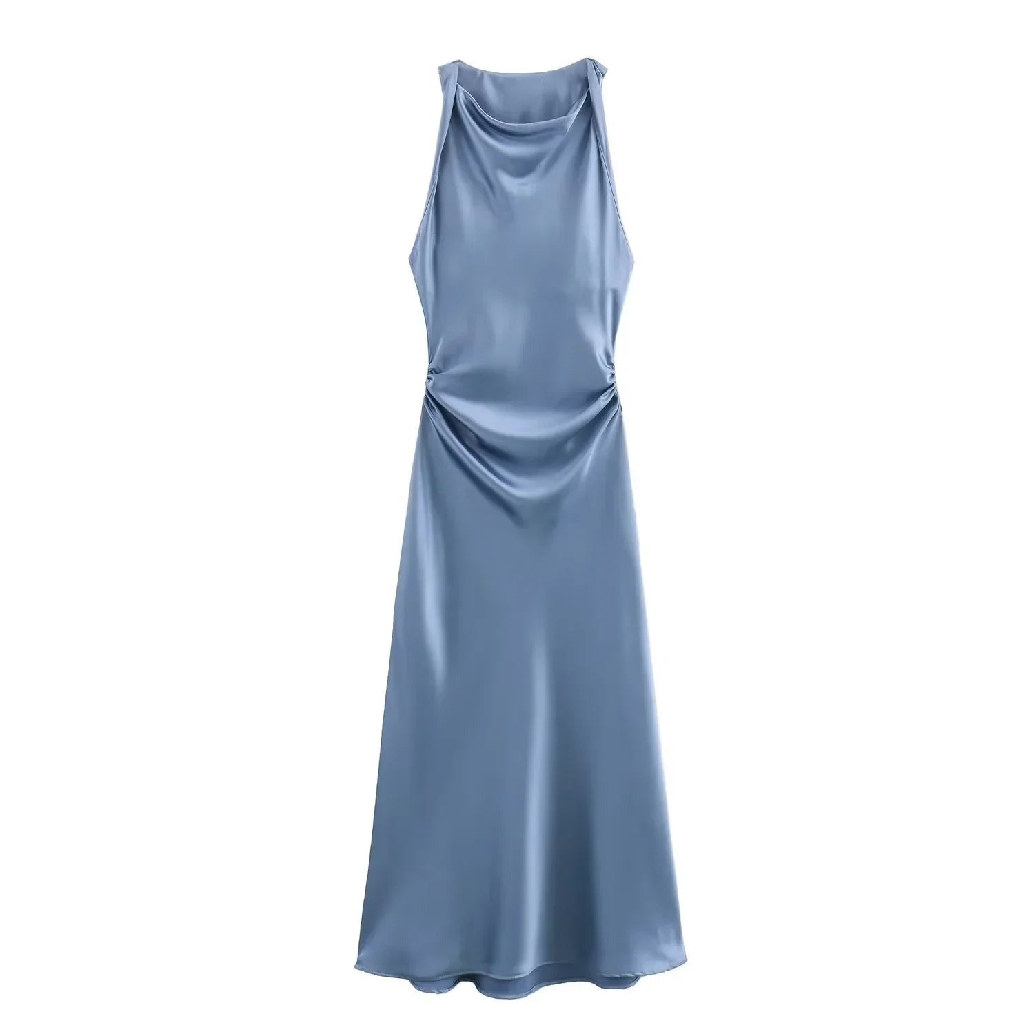 Emmeline women's cocktail satin midi dress in blue, flat lay of the front