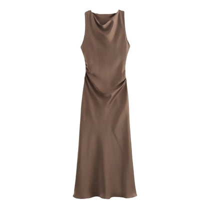 Emmeline women's cocktail satin midi dress in brown, flat lay of the garment