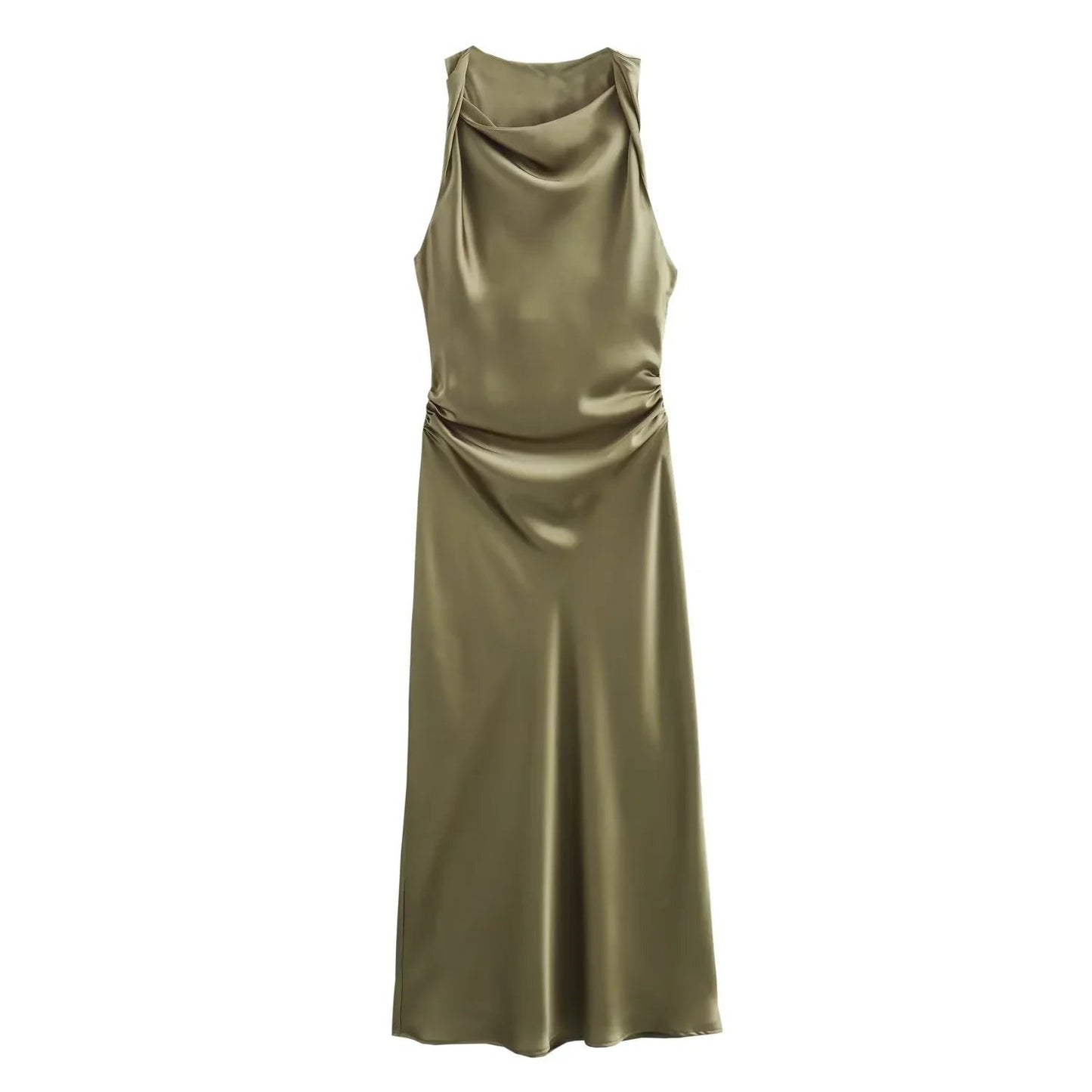 Emmeline women's cocktail satin midi dress in green, flat lay product shot