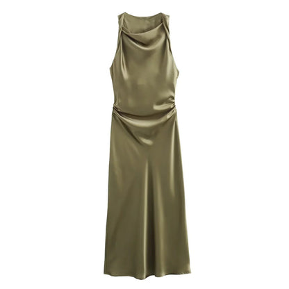 Emmeline women's cocktail satin midi dress in green, flat lay product shot