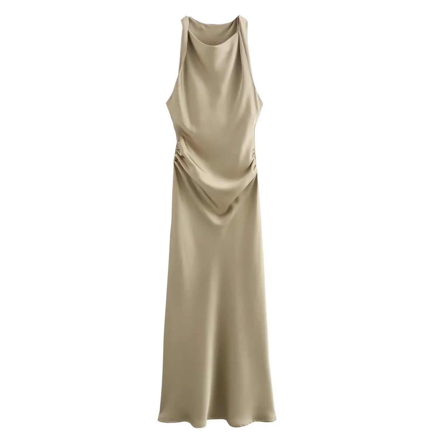 Khaki Emmeline women's cocktail satin midi dress, flat lay of the halter front
