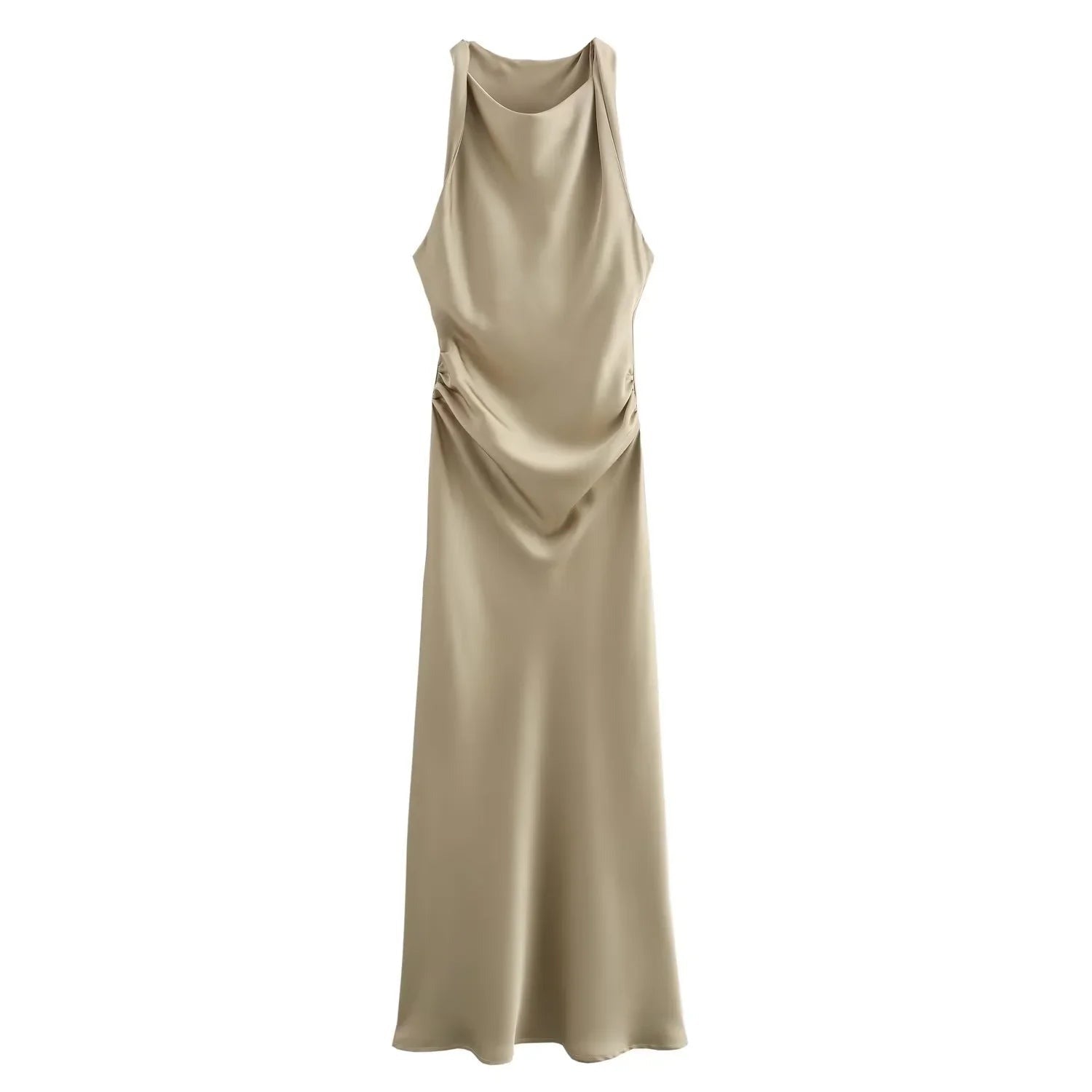Khaki Emmeline women's cocktail satin midi dress, flat lay of the halter front
