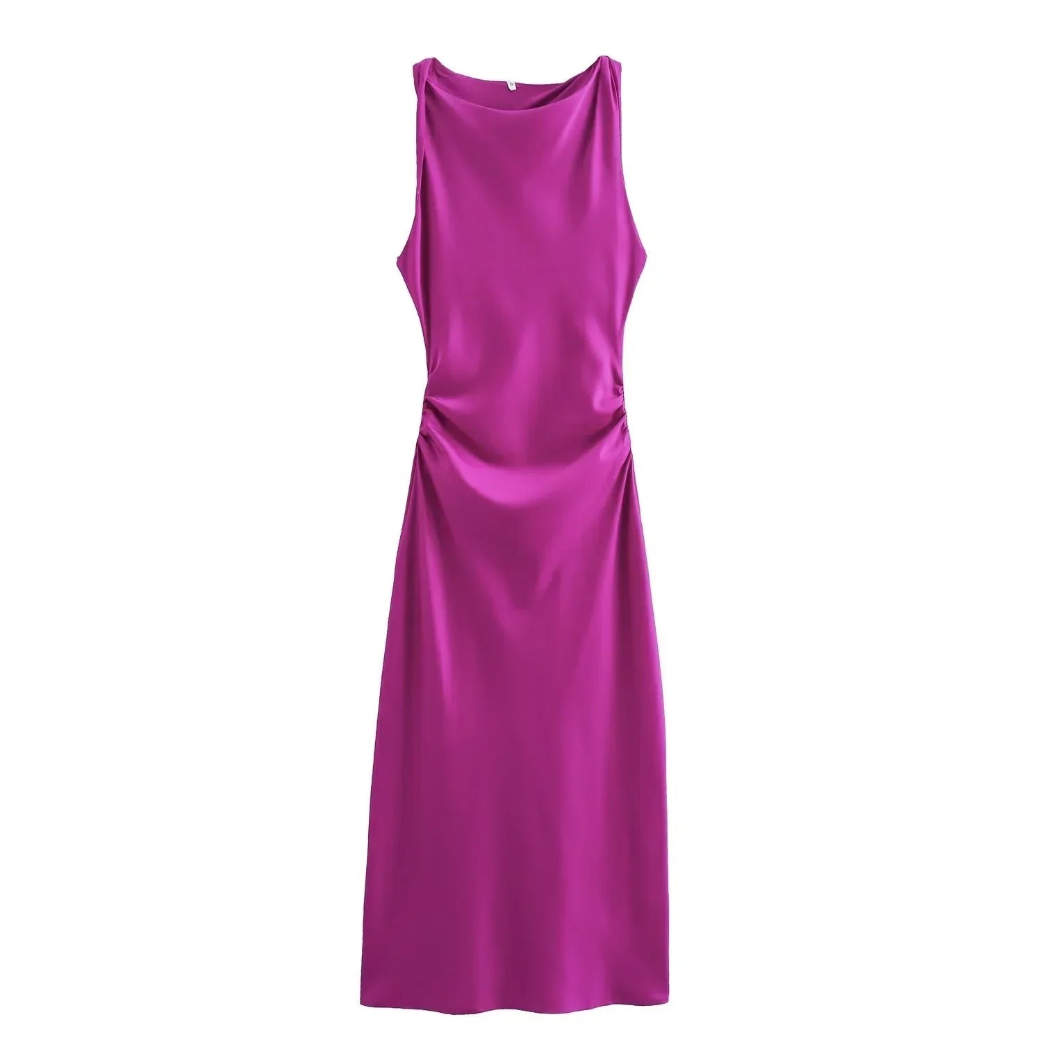 Emmeline women's cocktail satin midi dress in purple, flat lay product shot