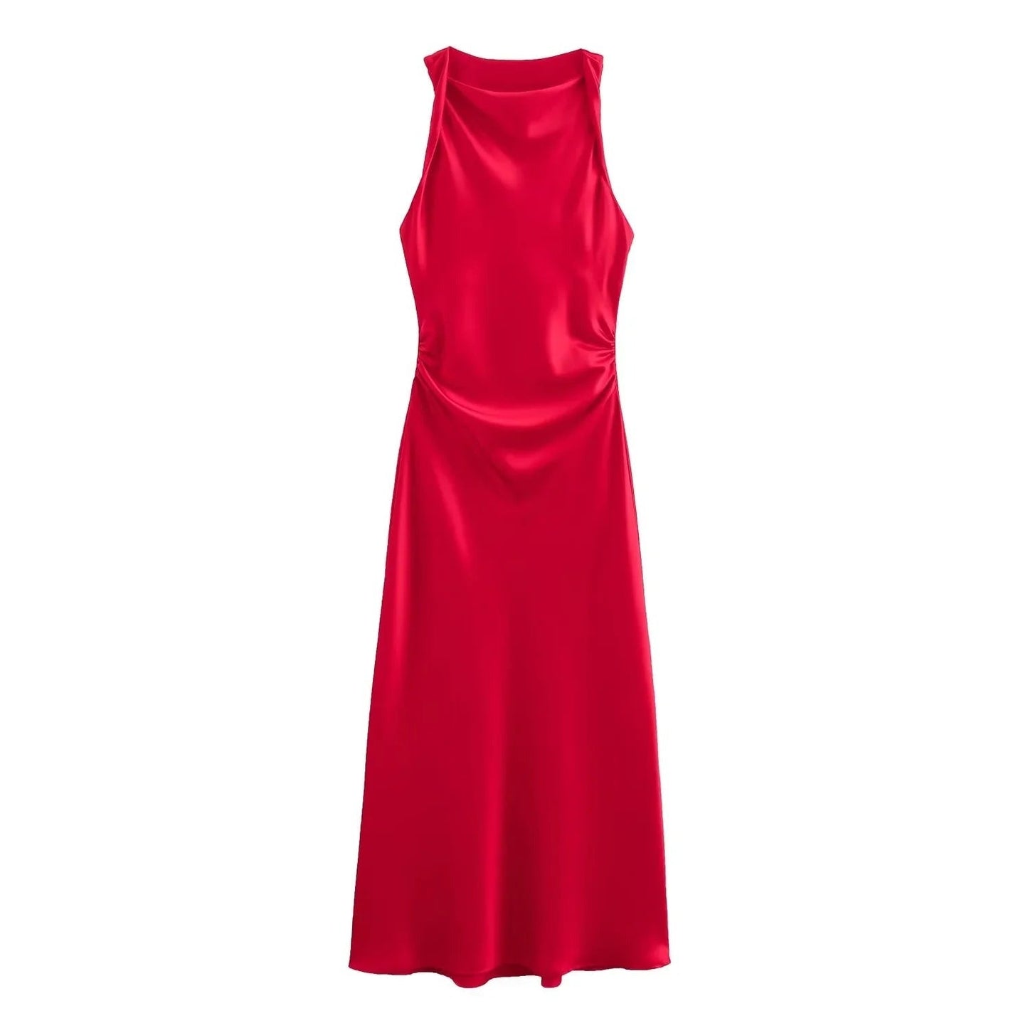 Red Emmeline women's cocktail satin midi dress shown flat on a white background