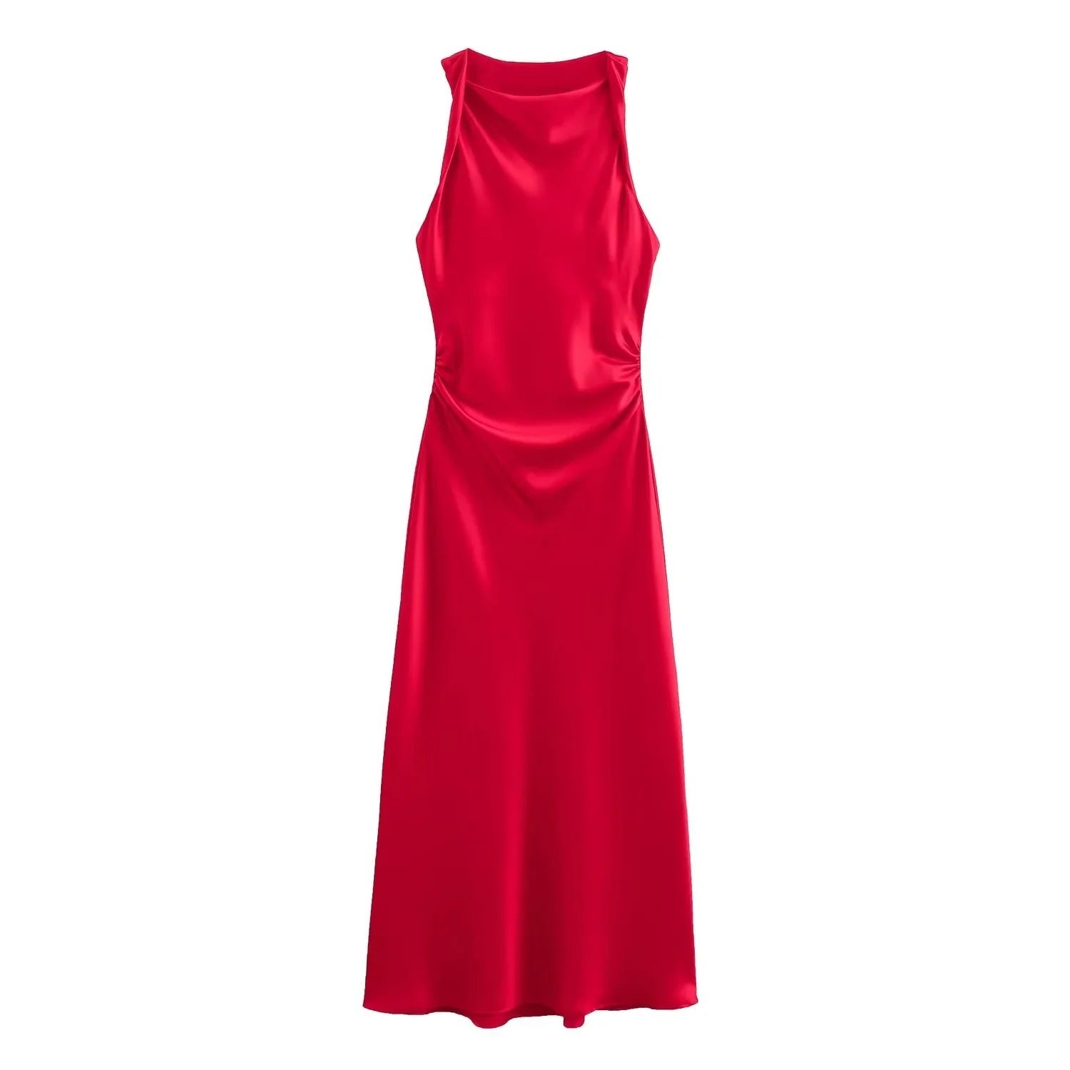 Red Emmeline women's cocktail satin midi dress shown flat on a white background