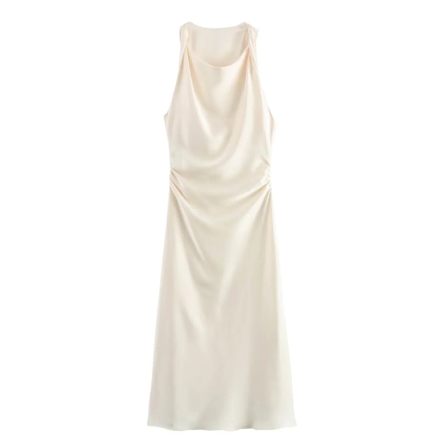 Emmeline women's cocktail satin midi dress in white, flat lay product shot