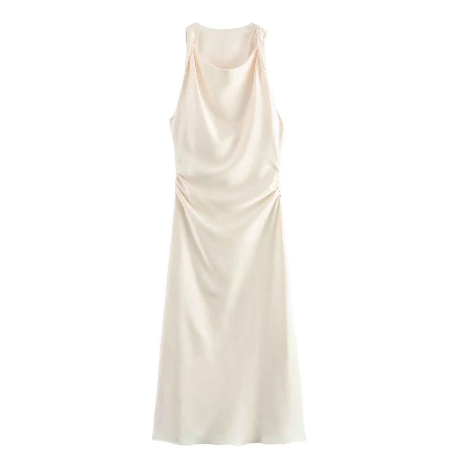 Emmeline women's cocktail satin midi dress in white, flat lay product shot