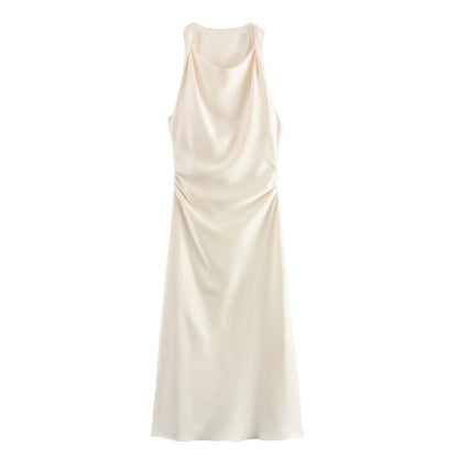 Emmeline women's cocktail satin midi dress in white, flat lay product shot