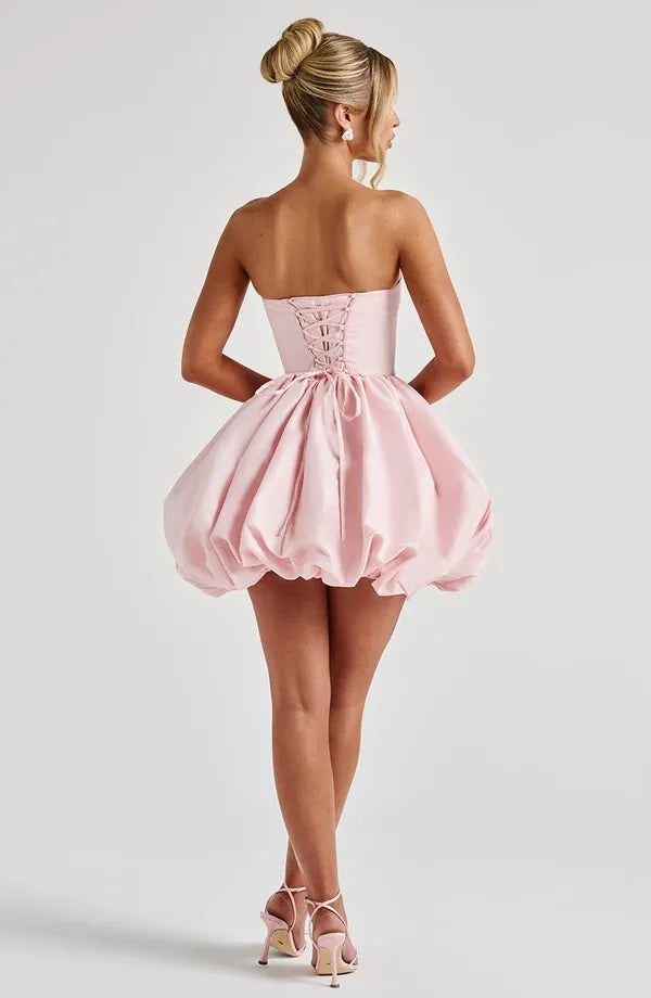 Back view of the light pink Clemence satin dress corset lace-up back panel
