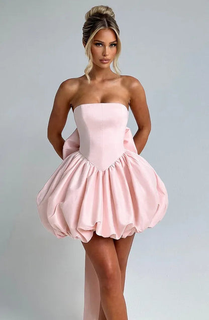 Light pink Clemence satin mini dress studio front view with bubble skirt