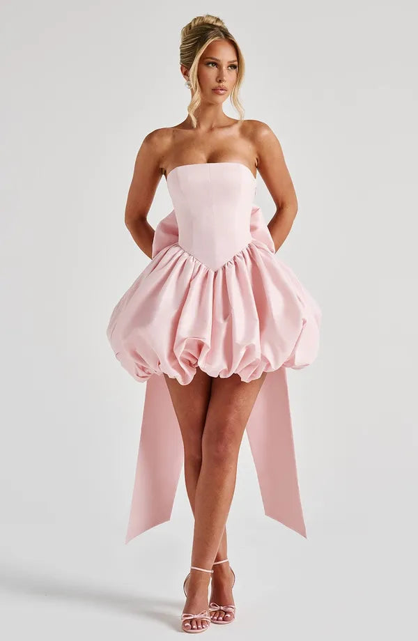 Front view of the light pink Clemence strapless satin bubble mini dress