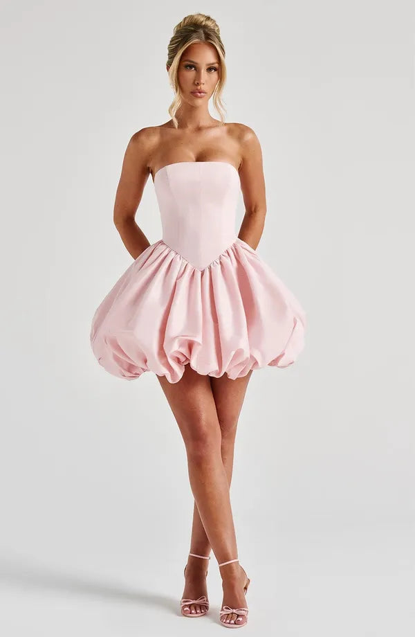 Light pink Clemence satin bubble mini dress front view without the bow sash