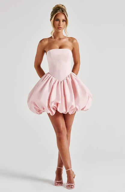 Light pink Clemence satin bubble mini dress front view without the bow sash