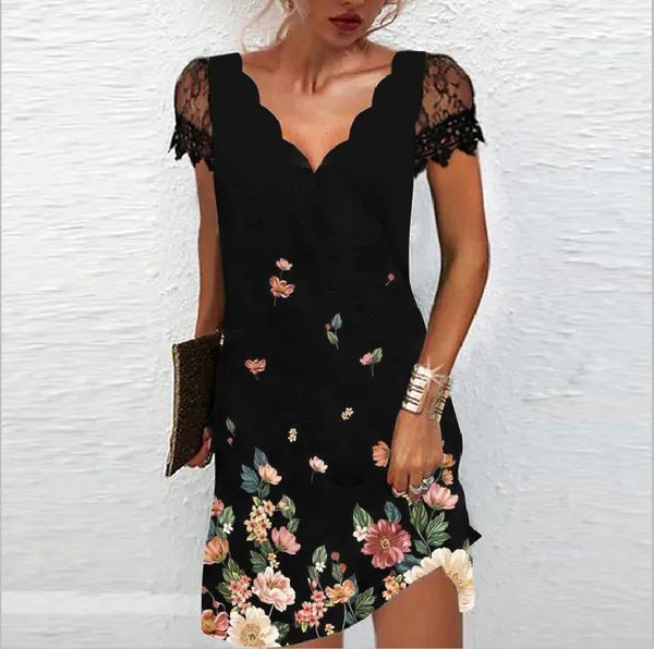Vivienne cocktail mini dress in the flower print with lace sleeves, front view