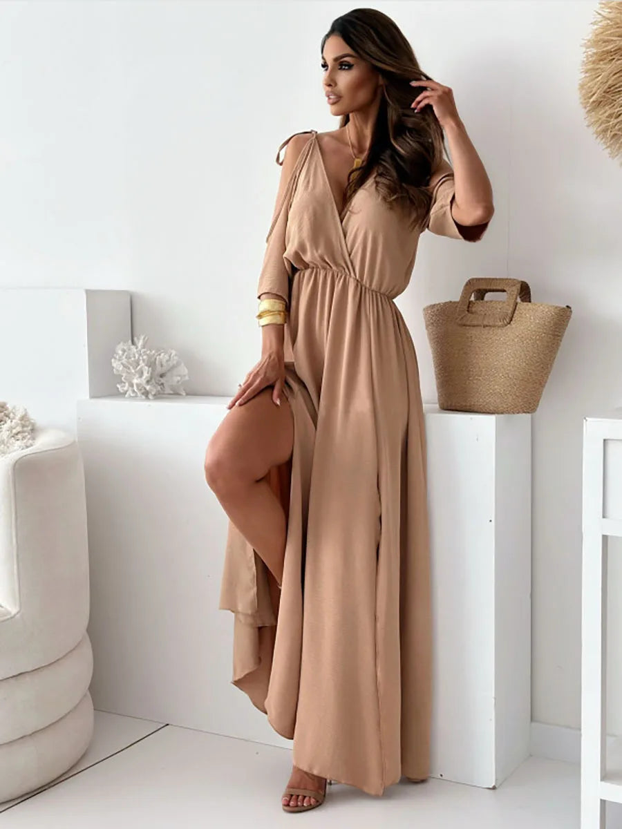 Women's Cold Shoulder Wrap Maxi Dress in Beige, side view on model - Malte