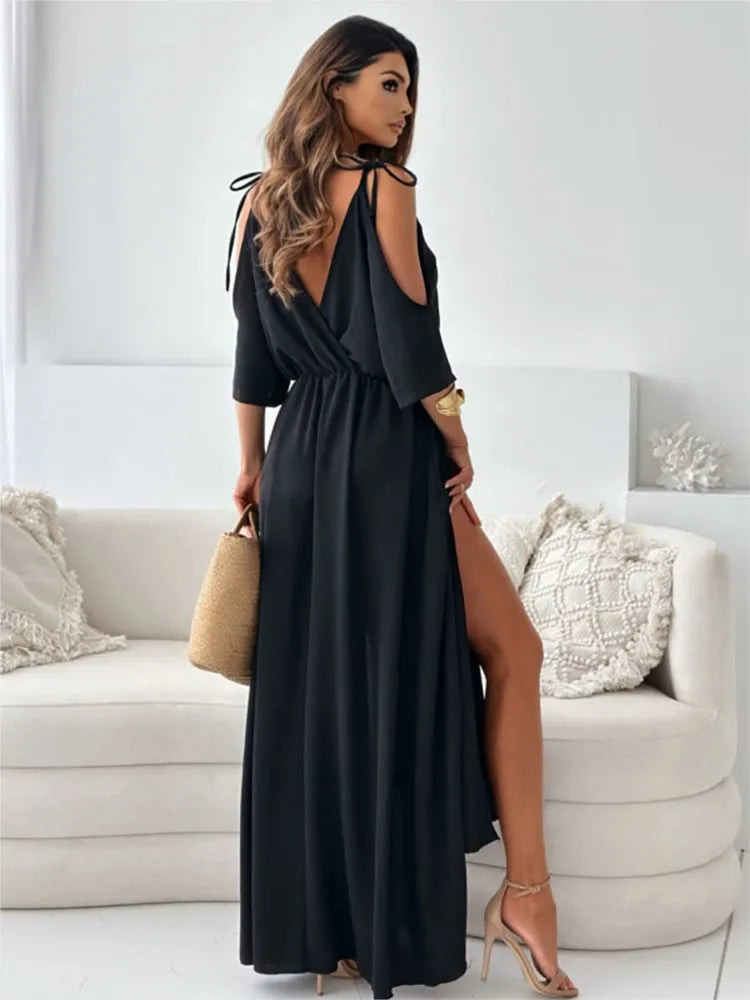 Women's Cold Shoulder Wrap Maxi Dress in Black, back view on model - Malte