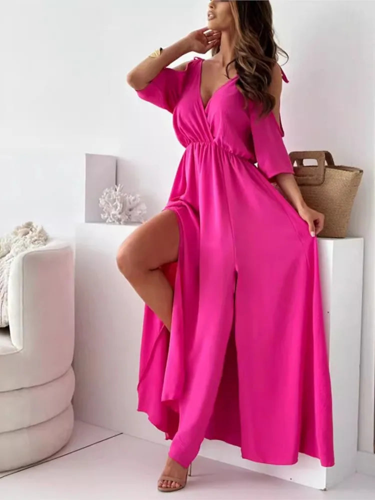 Women's Cold Shoulder Wrap Maxi Dress in hot Pink, front view with slit - Malte