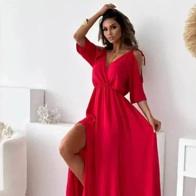 Women's Cold Shoulder Wrap Maxi Dress in Red, cropped front view - Malte