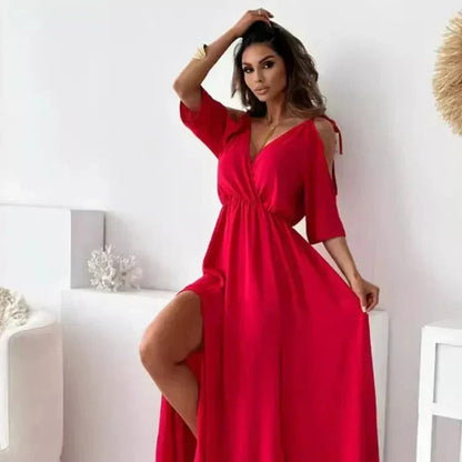 Women's Cold Shoulder Wrap Maxi Dress in Red, cropped front view - Malte