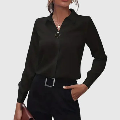Women's Collared Long Sleeve Blouse in Black, front view with tailored trousers – Otilia